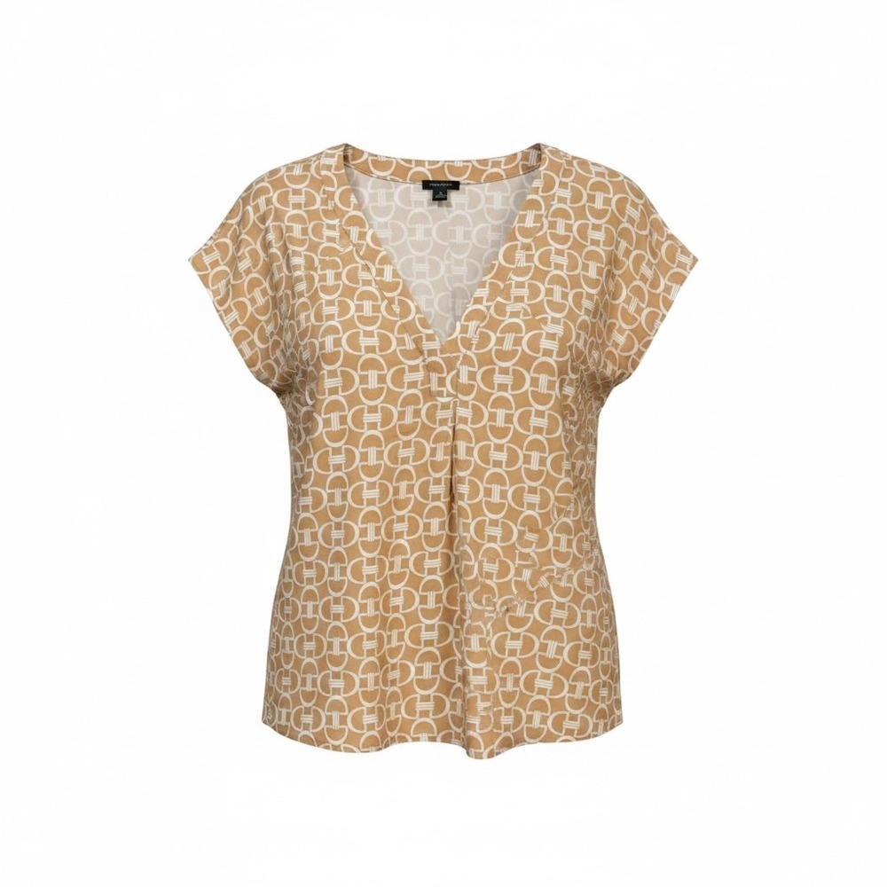 Ann Taylor Womens XS Tan White Geometric Link V-Neck Short Sleeve Blouse NWT